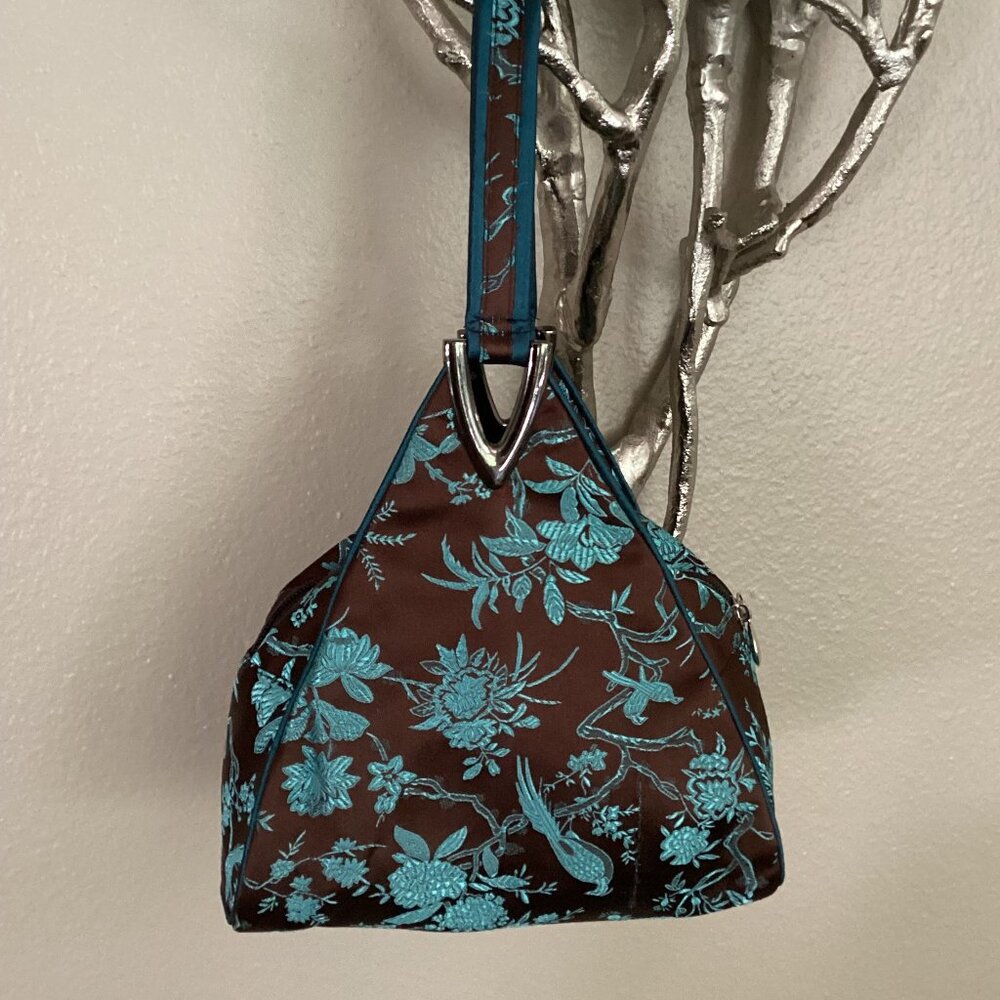 Vaco Chic brown and blue brocade handbag, tote, purse, 8"x8"x5"